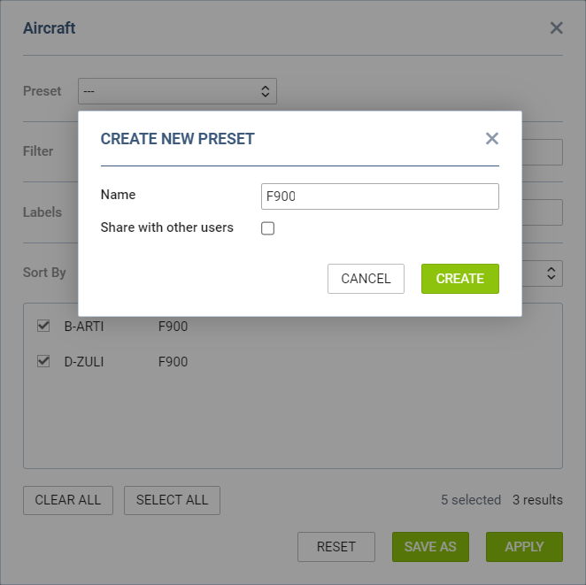 Creating 'AIRCRAFT' filter preset