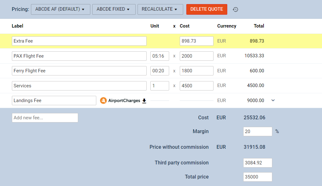 Cost-based recalculation of the quote
