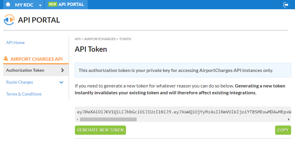 API PORTAL section in MyRDC