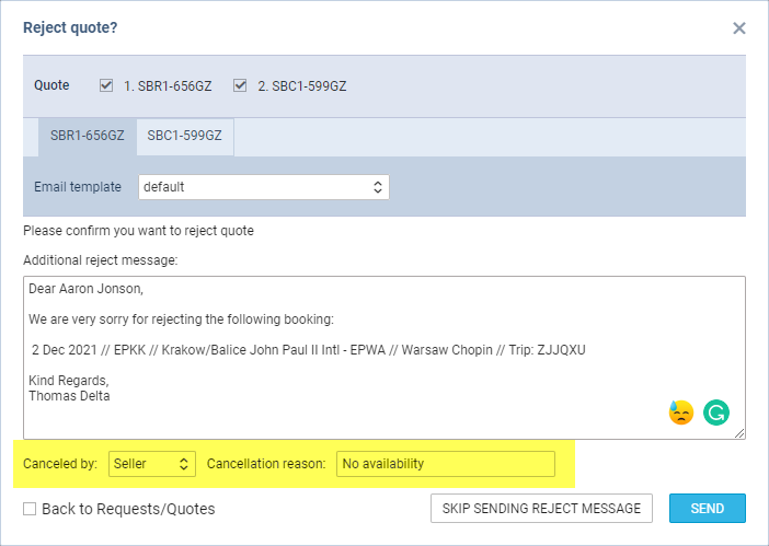 'Reject request' window with quote added