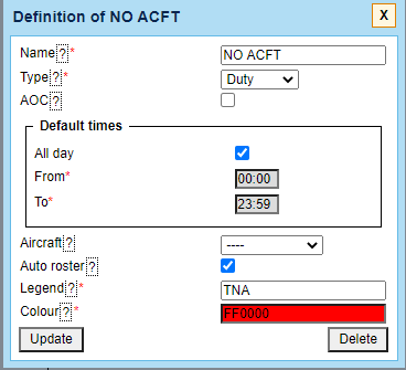 Duty setup page