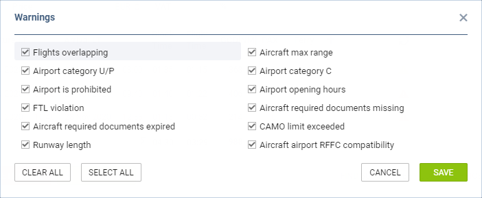 Feasibility check 'Warnings' filter