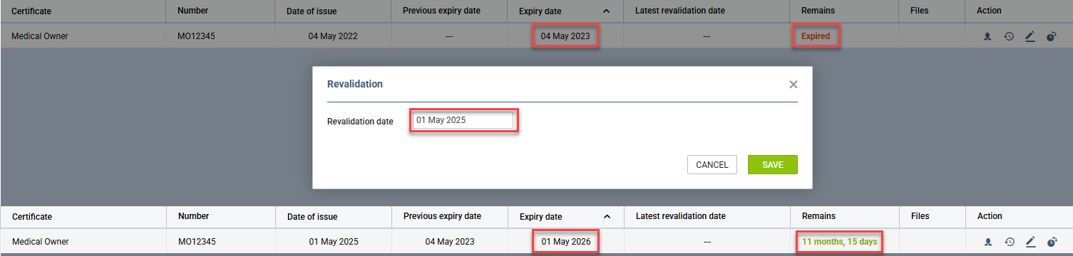 Certificate revalidated based on Exact day