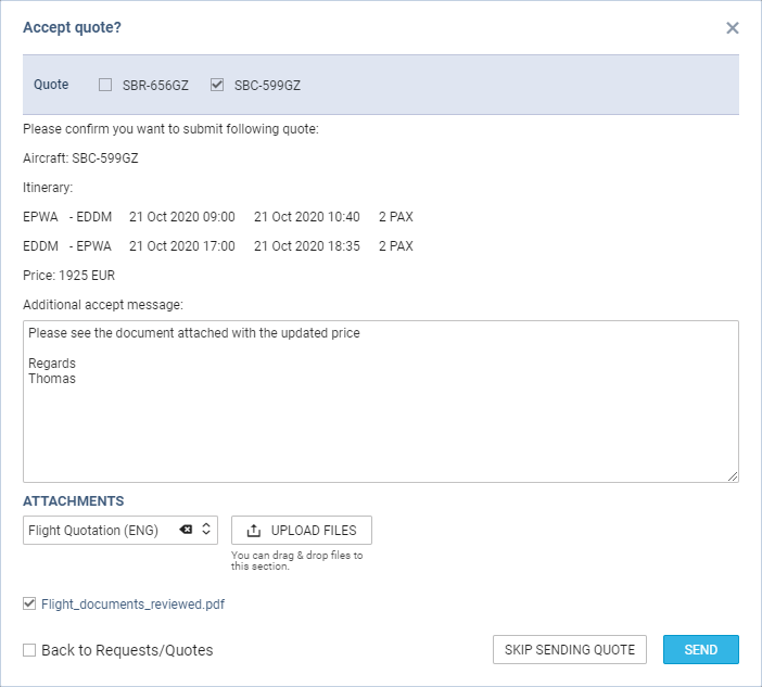 Option to send acceptance to Avinode