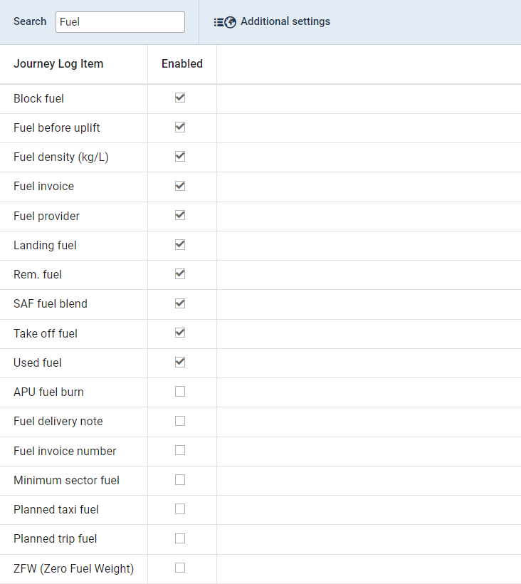 'Journey Log' configuration page
