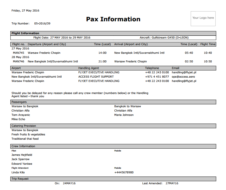 Pax Information - flight brief for passengers