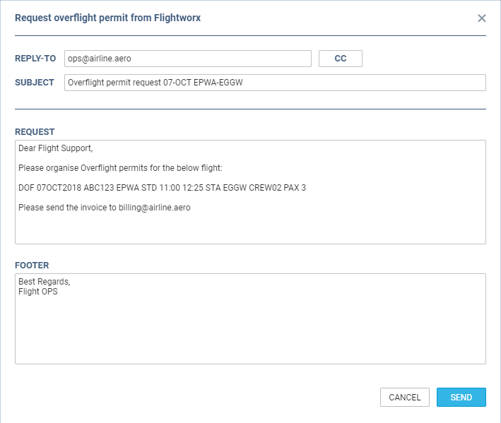 Overflight permit request window
