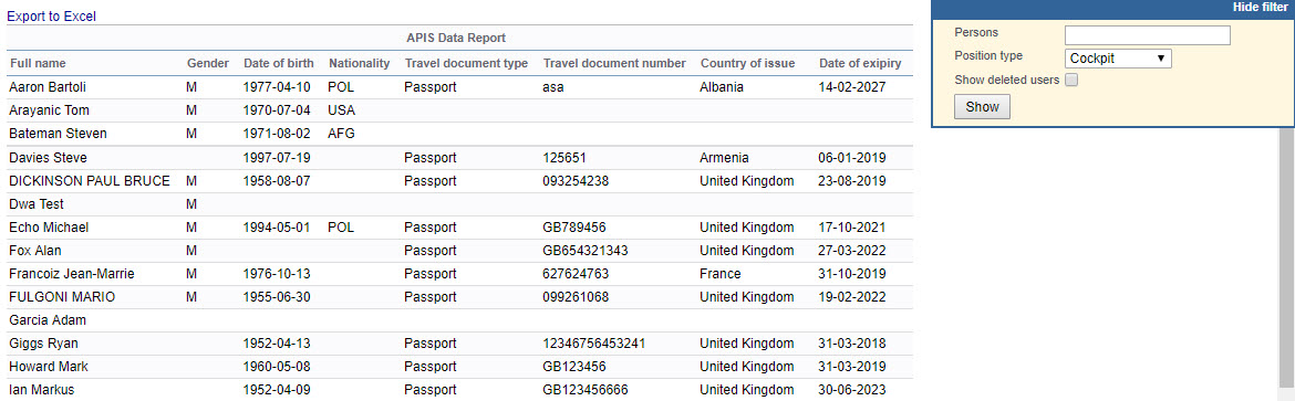 Report 'APIS Data' - crew main details available to be sent to authorities