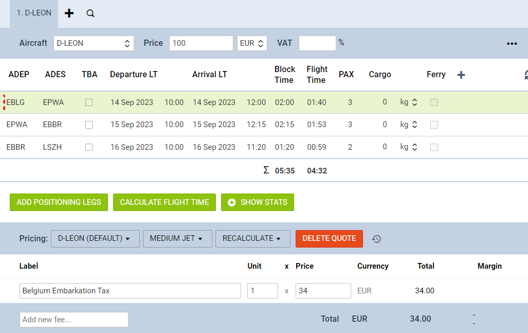 'Belgium Embarkation Tax' with actual PAX assigned