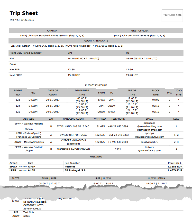 Trip Sheet - flight & checklist information