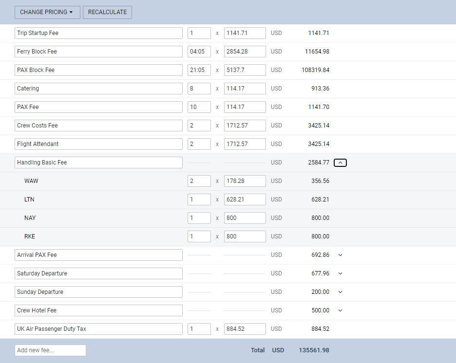 Aircraft & Airport fees in the quote