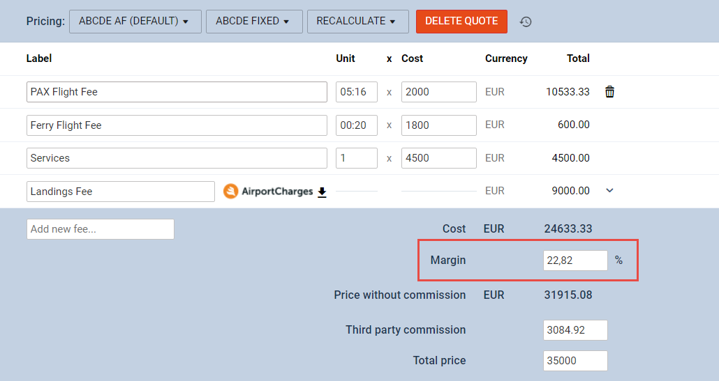 Margin-based recalculation of the quote