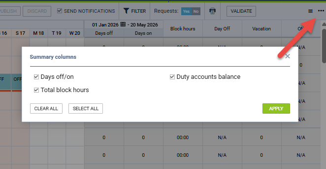 Settings popup with the Summary columns options visible.png
