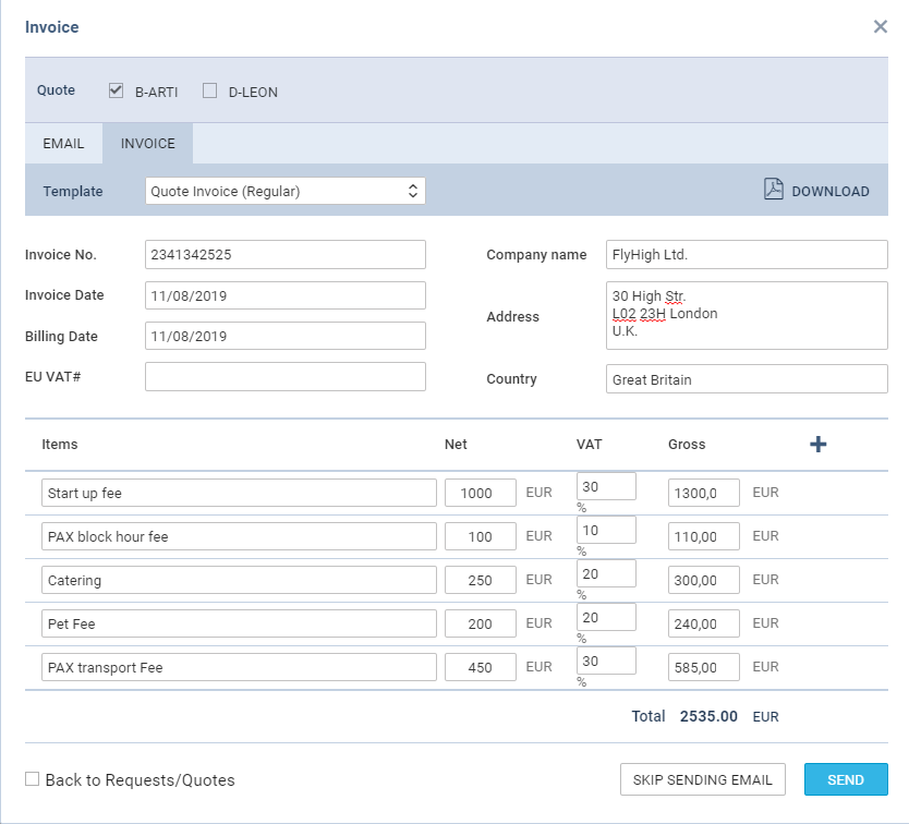 Defining an Invoice details & templates