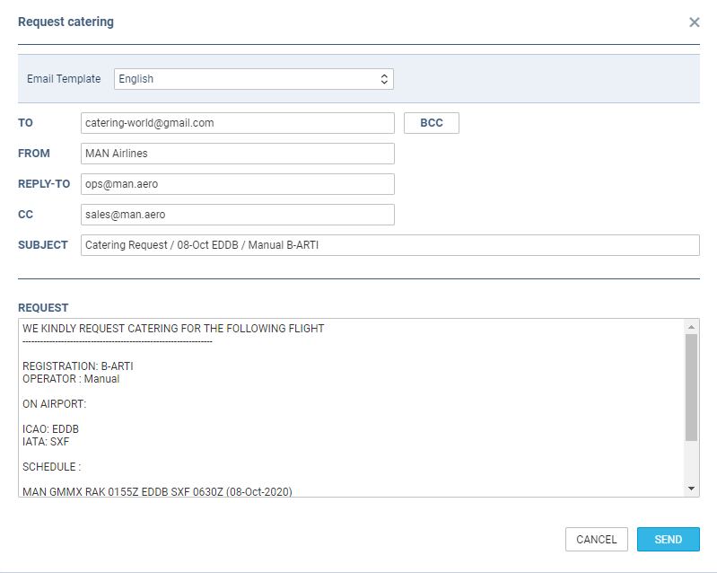 Ordering catering main window