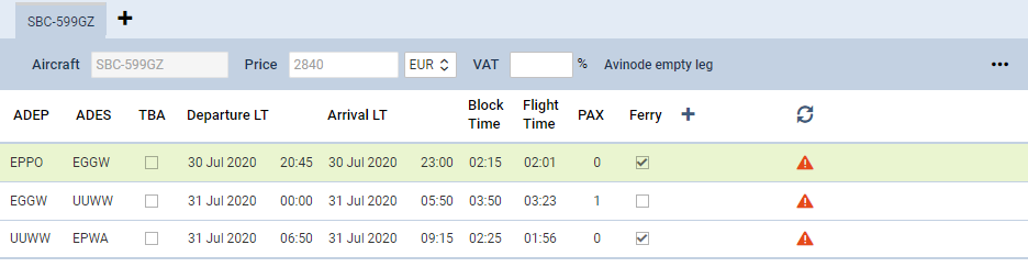 Requested empty leg including positioning flights