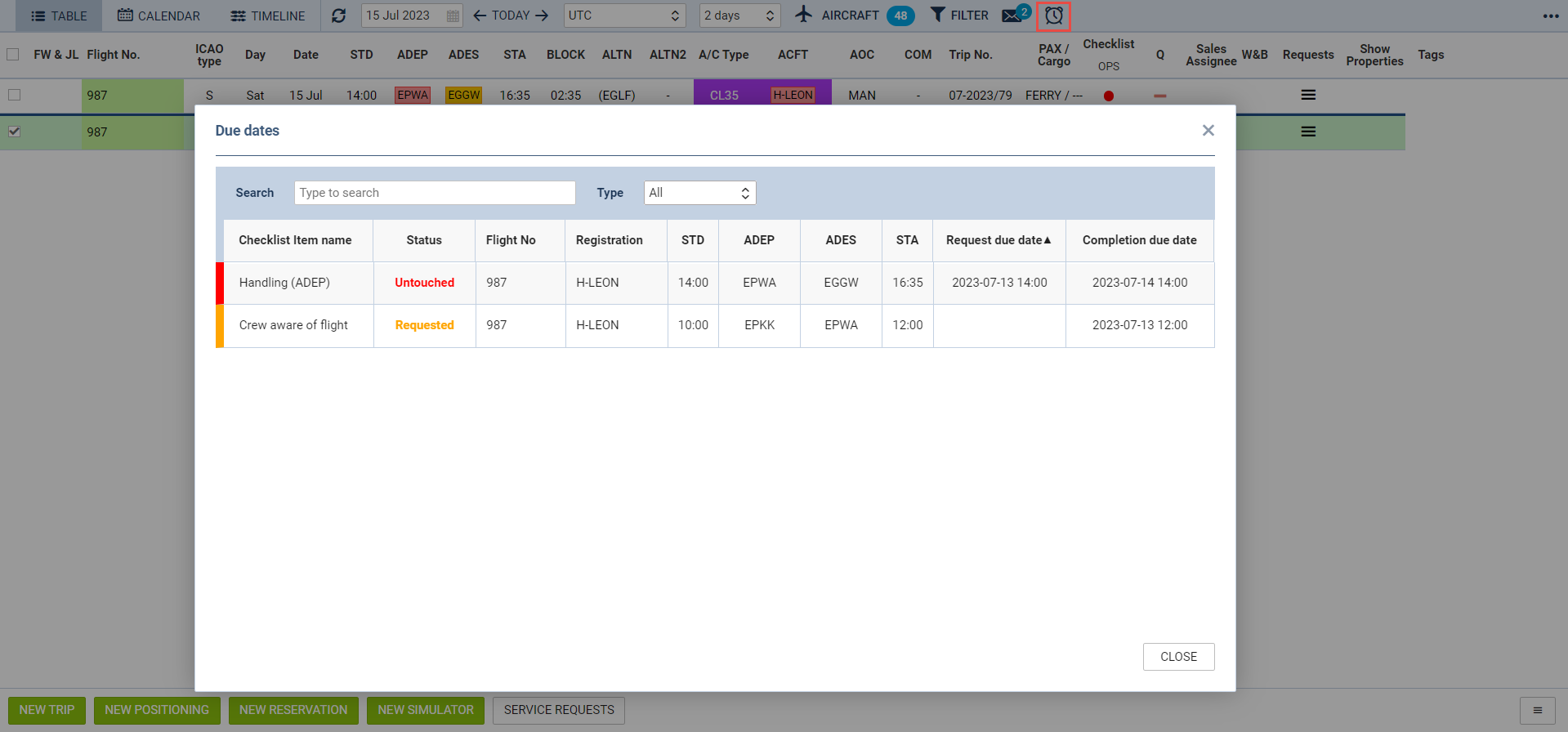 'Due dates' pop-up window in OPS section