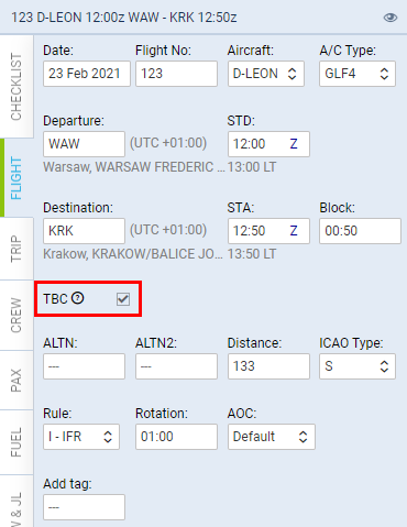 'TBC' checkbox in 'FLIGHT' tab