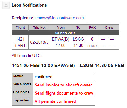 Notes included in Flight Notification sent by Leon