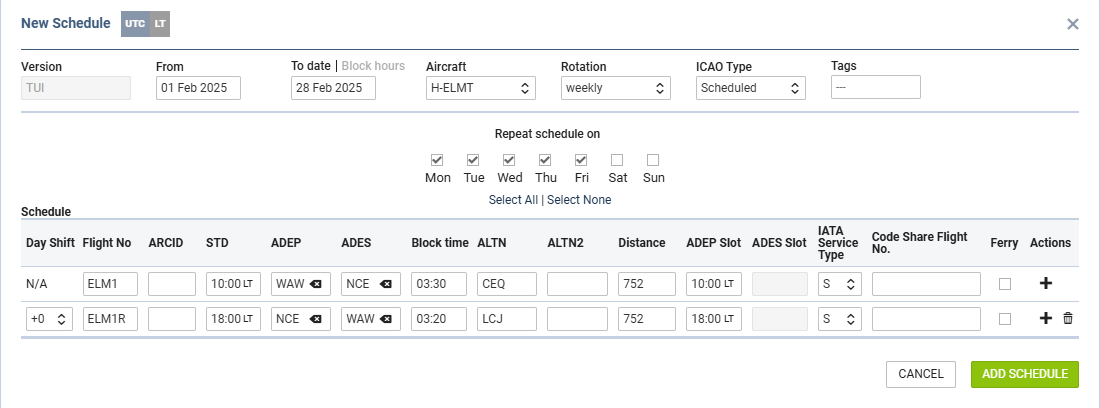 Adding schedule in LT