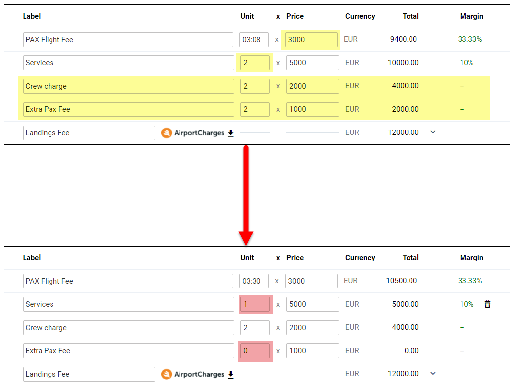 'Update units and prices' recalculation