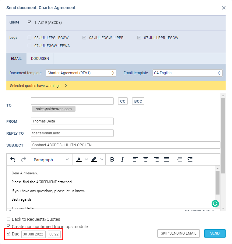 Indication of a due date when creating a non-confirmed trip