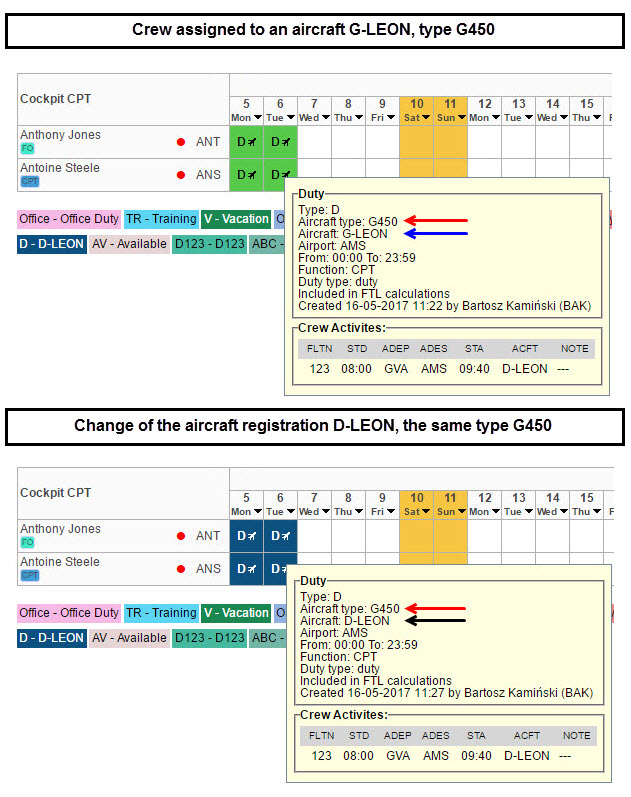 Change of an aircraft registration for assigned crew