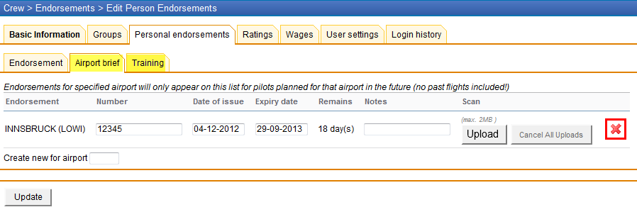 Endorsements for Airports - possibility of deleting
