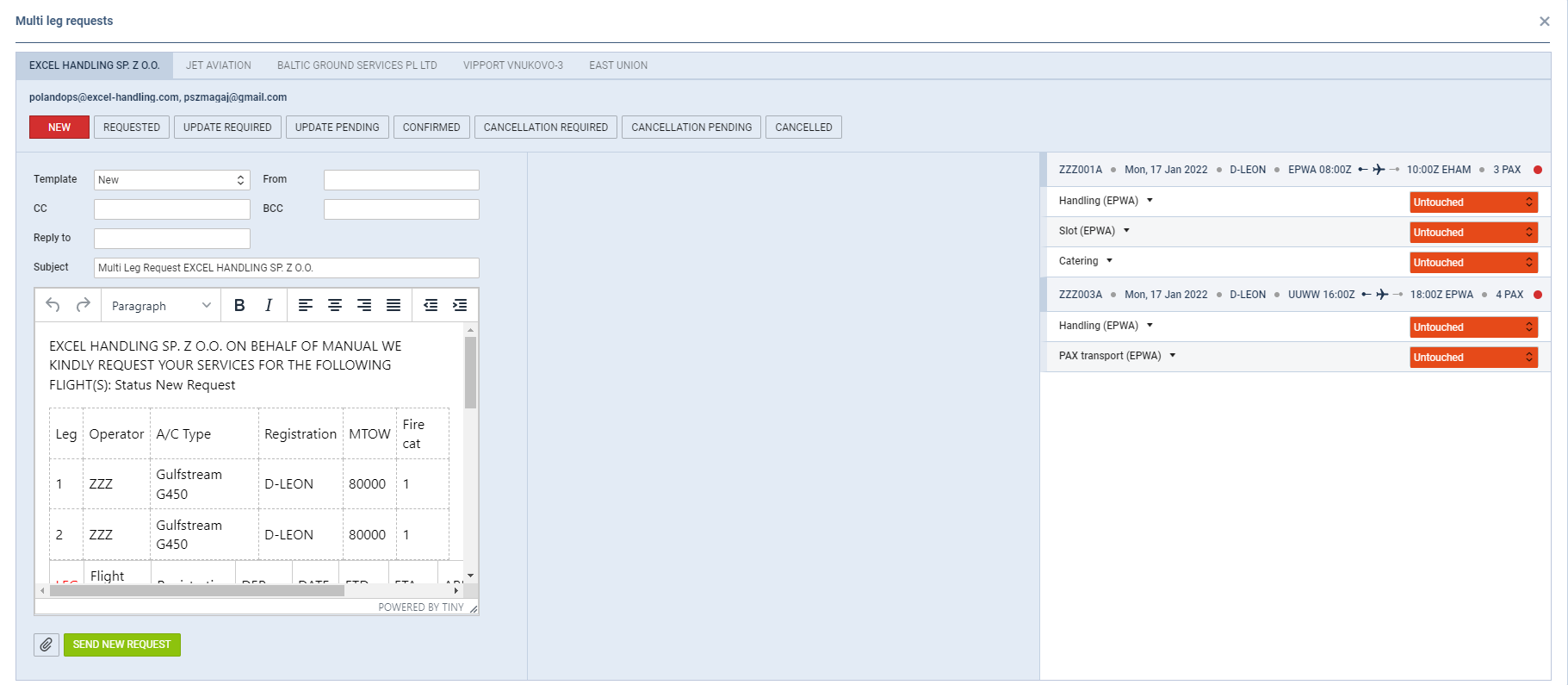 Multi leg request main window