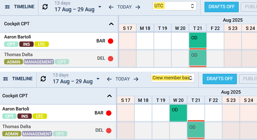 Displaying duties in crew base timezone