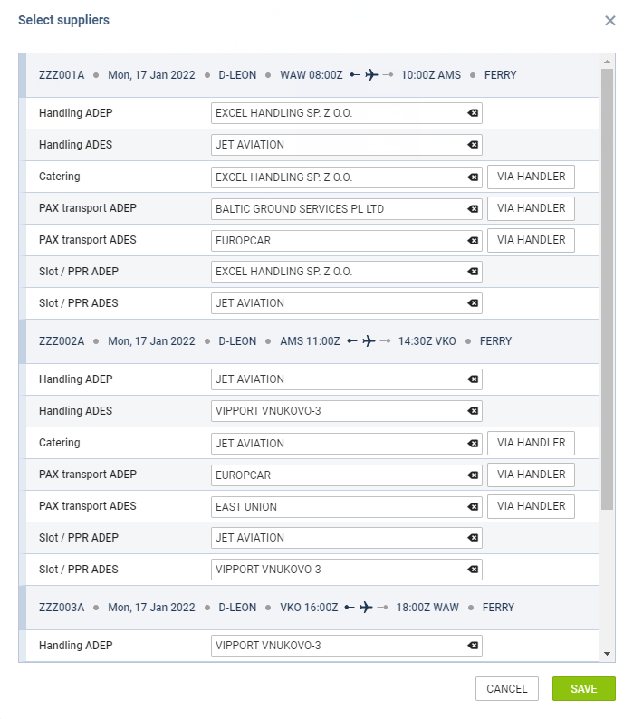Selecting suppliers in Multi Leg Requests panel