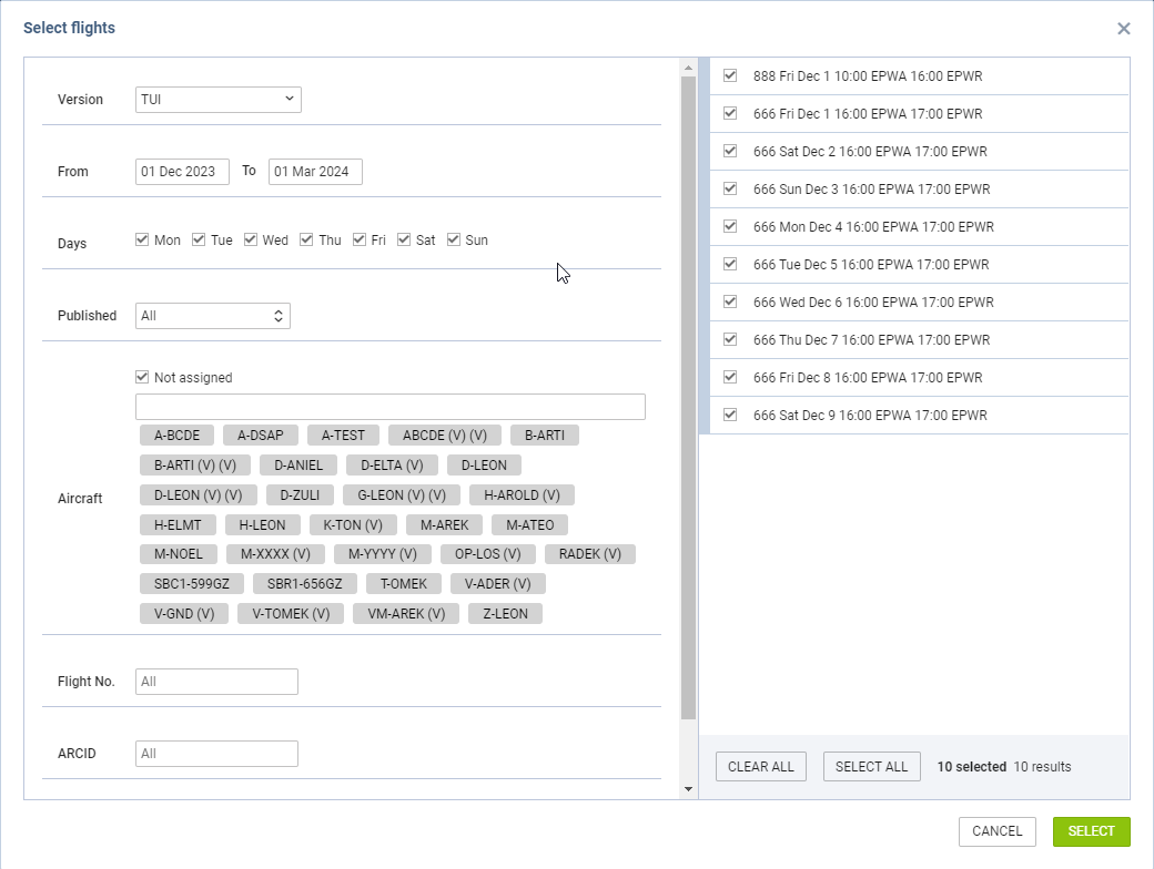 'Select Flights' option