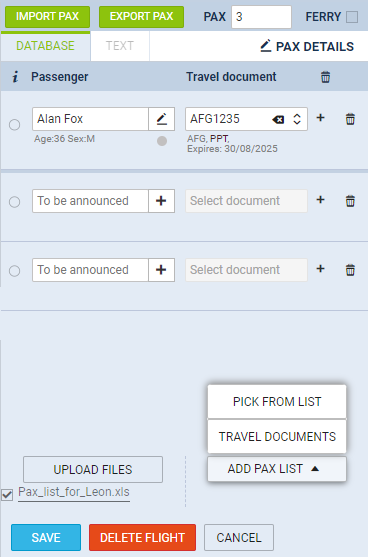 Options in 'PAX' tab