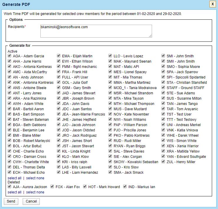 Generating the report for selected crew members