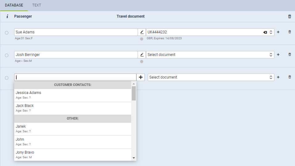PAX dropdown selection