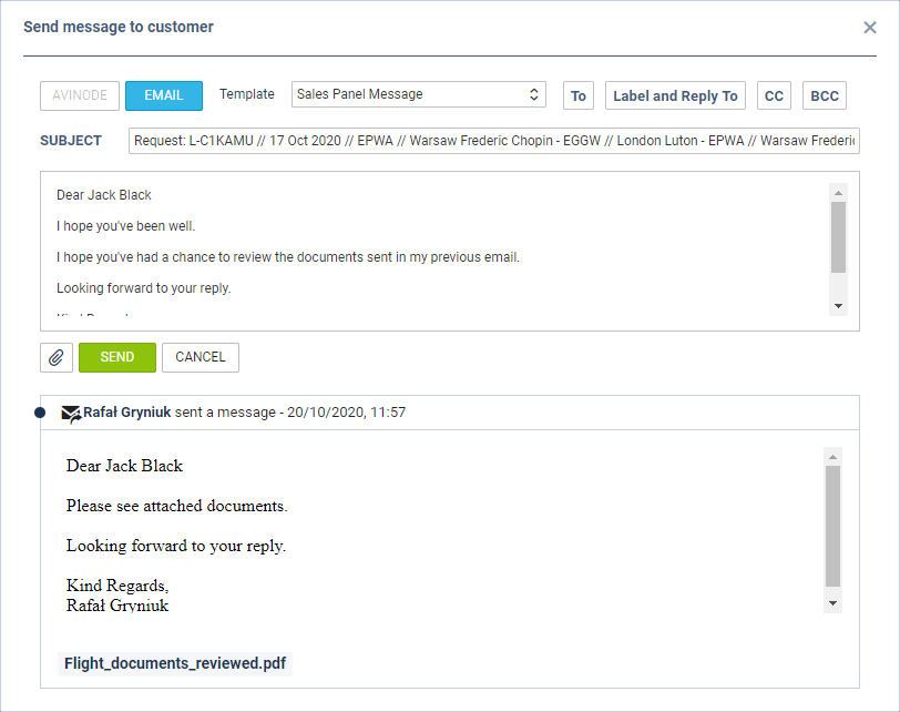 Send Message to Customer option