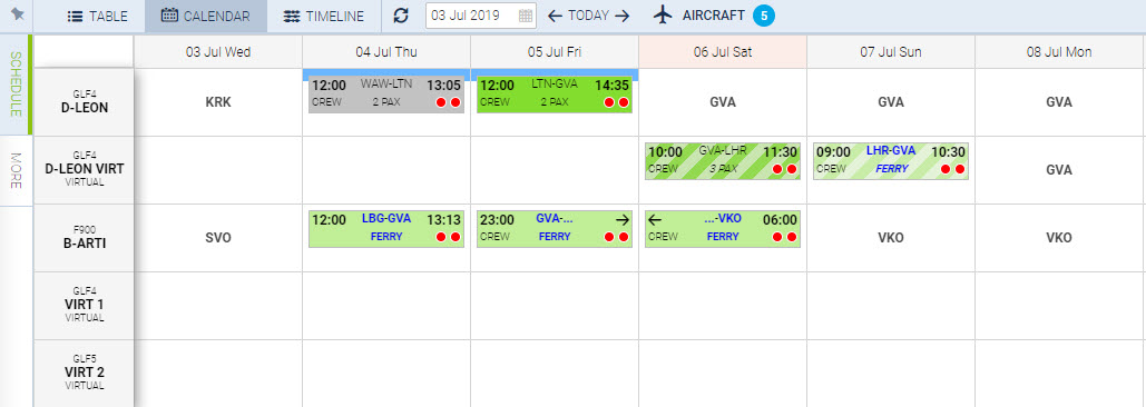 Virtual aircraft in Calendar view