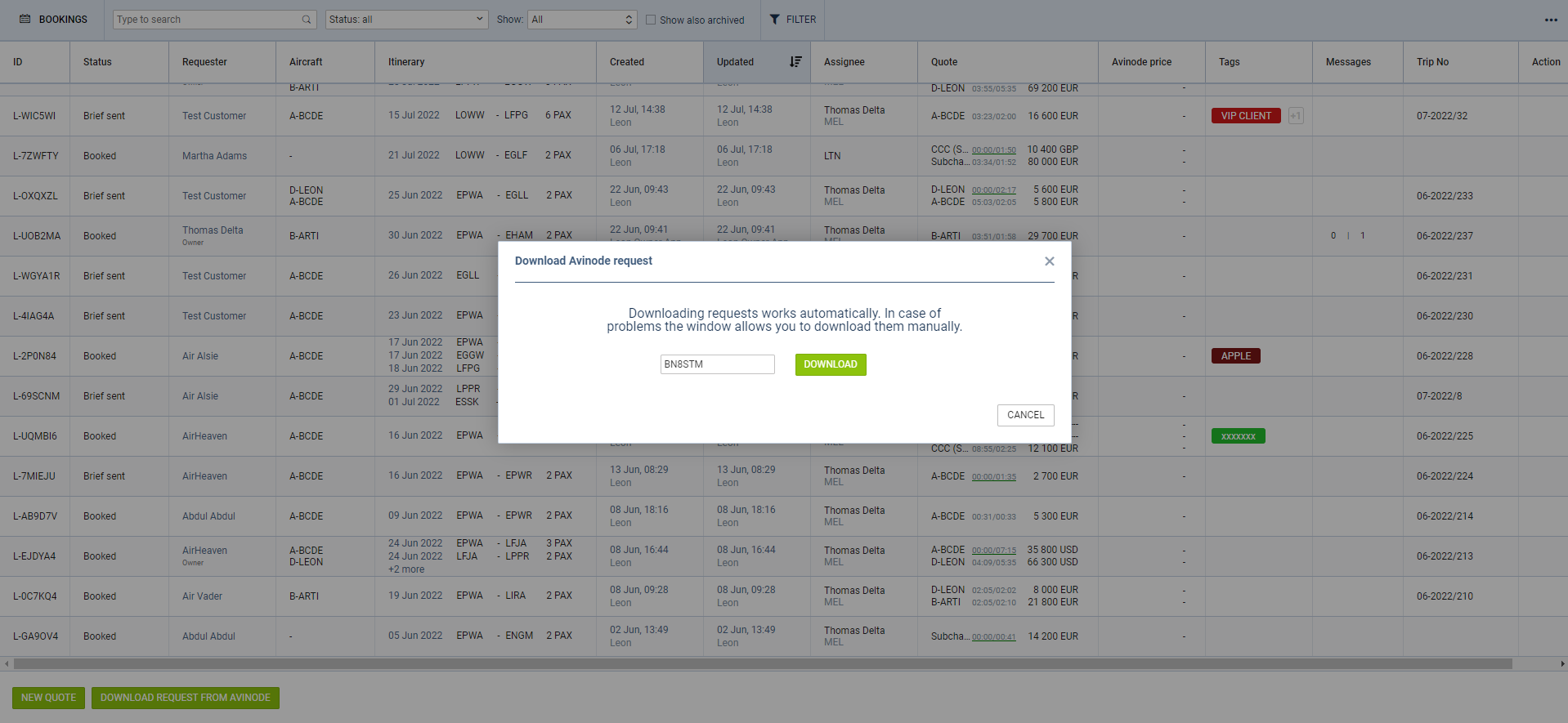 'Download Avinode request' pop-up window