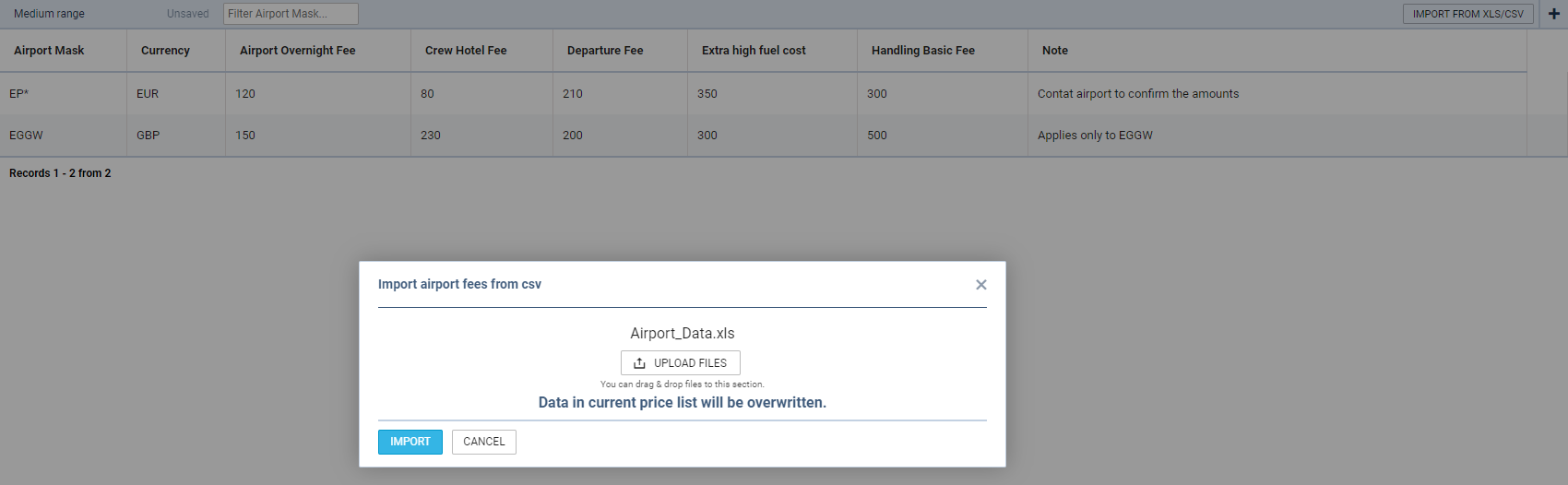 Option to import airport fees