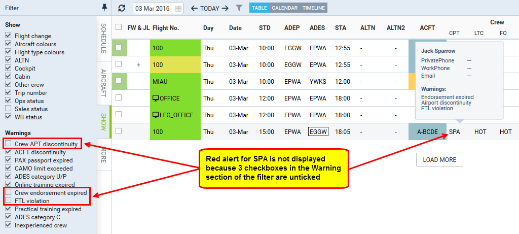 Example of filter settings that prevent displaying warnings