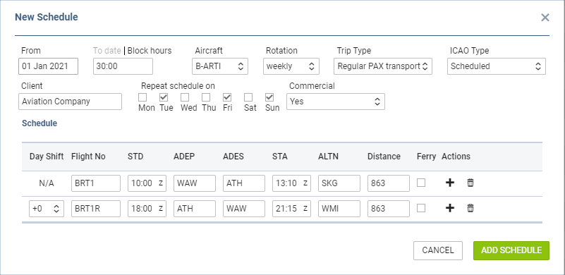 Creating a new schedule based on 'Block hours' selection