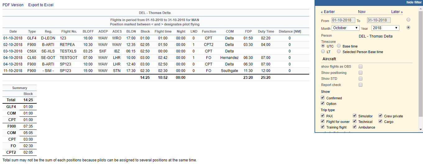 My Logbook - a report of all flights performed by the logged crew