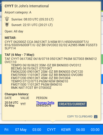 Weather reports presented in the airport tooltip