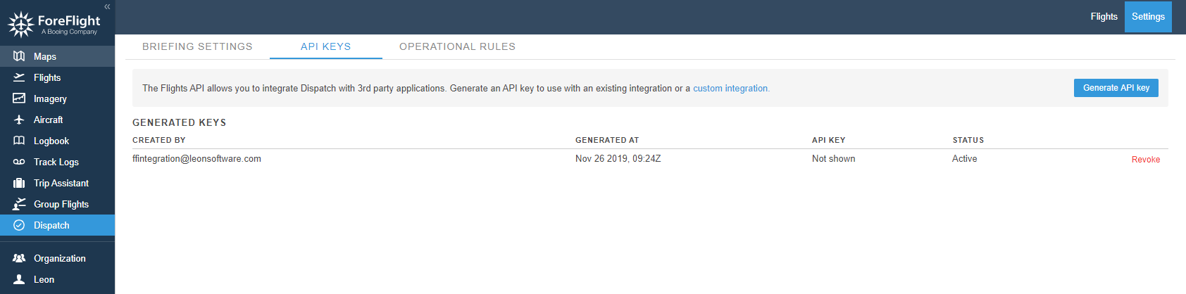 ForeFlight API Keys section