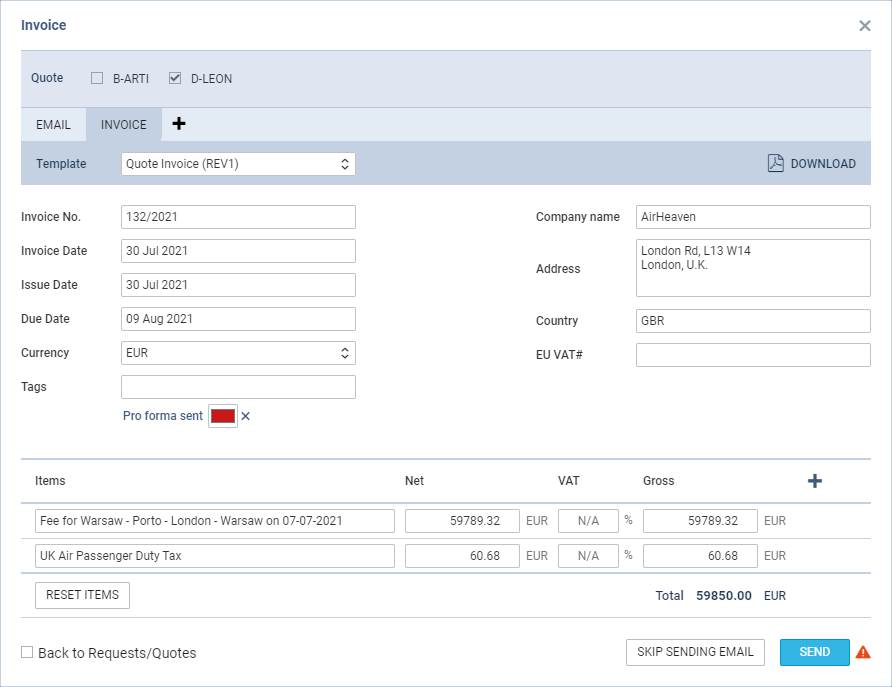 Adding an invoice in Sales panel