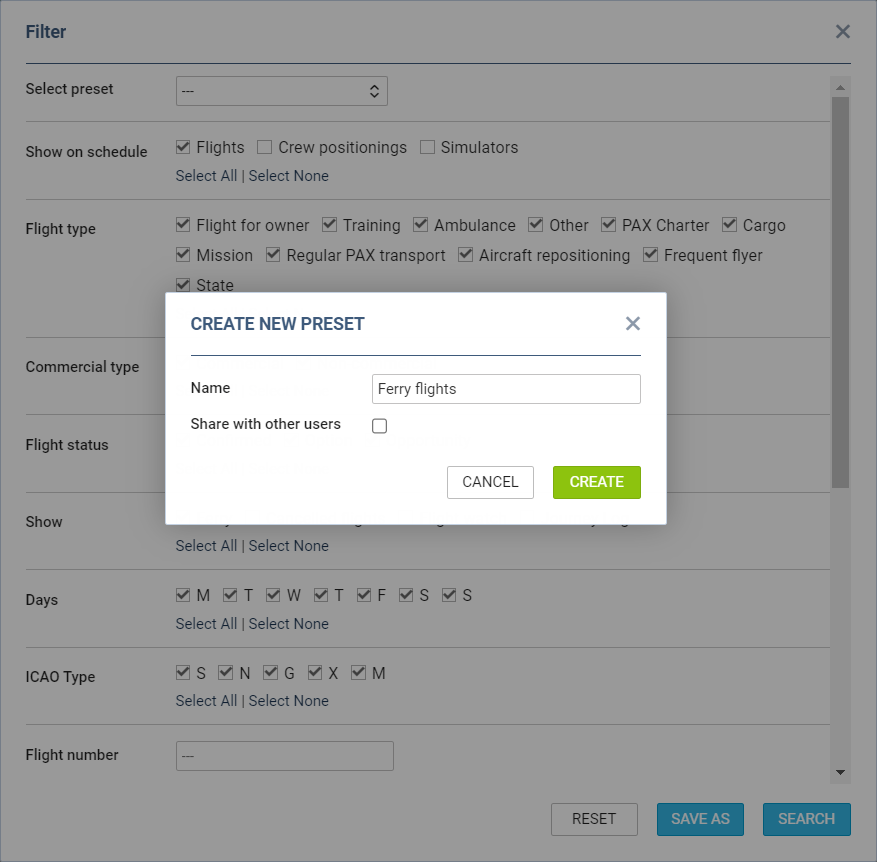 Creating new filter preset