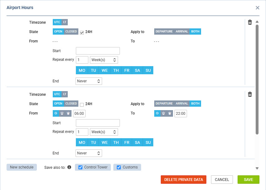 New 'Airport Opening Hours' interface