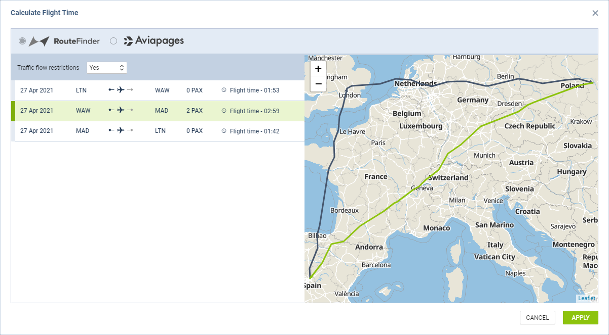 Flight time calculations from RouteFinder