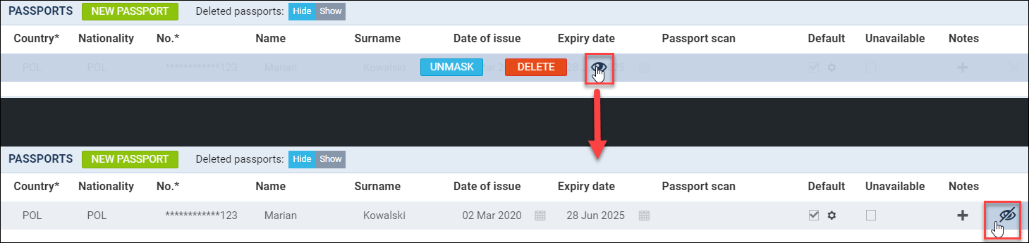 Example of masked passport in the PAX profile