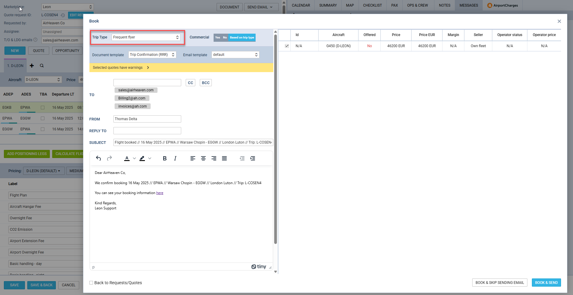 Example 1 of trip type based on the Sales module configuration
